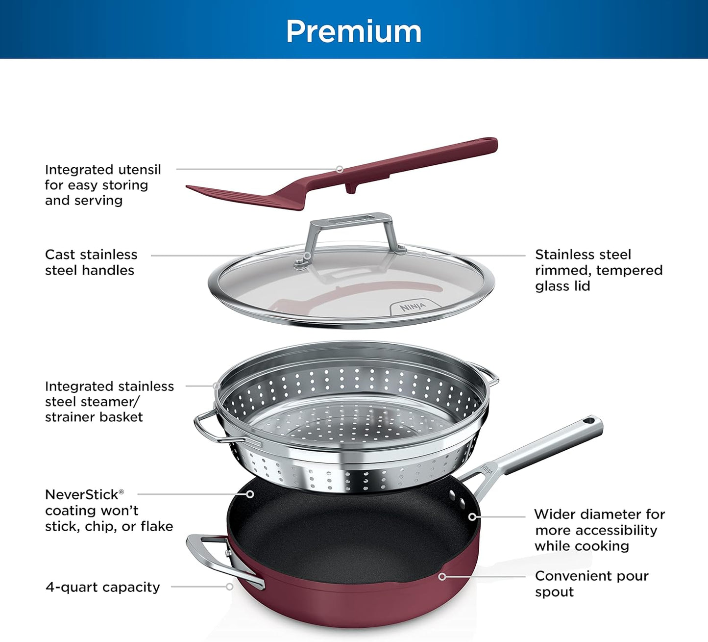 Ninja, Cookware, Steamer, Strainer Basket, Glass Lid and Spatula, Foodi NeverStick PossiblePan, Premium Set with 4-Quart Capacity Pan, Nonstick, Durable, Oven Safe Cookware, Cherry Tart, CW102RD