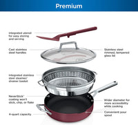Ninja, Cookware, Steamer, Strainer Basket, Glass Lid and Spatula, Foodi NeverStick PossiblePan, Premium Set with 4-Quart Capacity Pan, Nonstick, Durable, Oven Safe Cookware, Cherry Tart, CW102RD