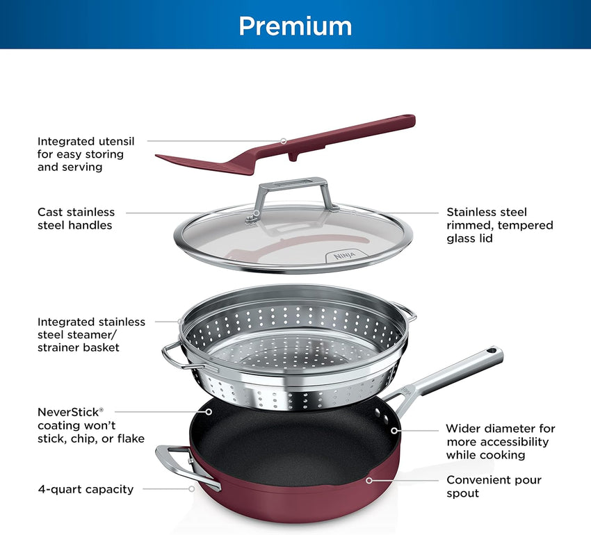 Ninja, Cookware, Steamer, Strainer Basket, Glass Lid and Spatula, Foodi NeverStick PossiblePan, Premium Set with 4-Quart Capacity Pan, Nonstick, Durable, Oven Safe Cookware, Cherry Tart, CW102RD