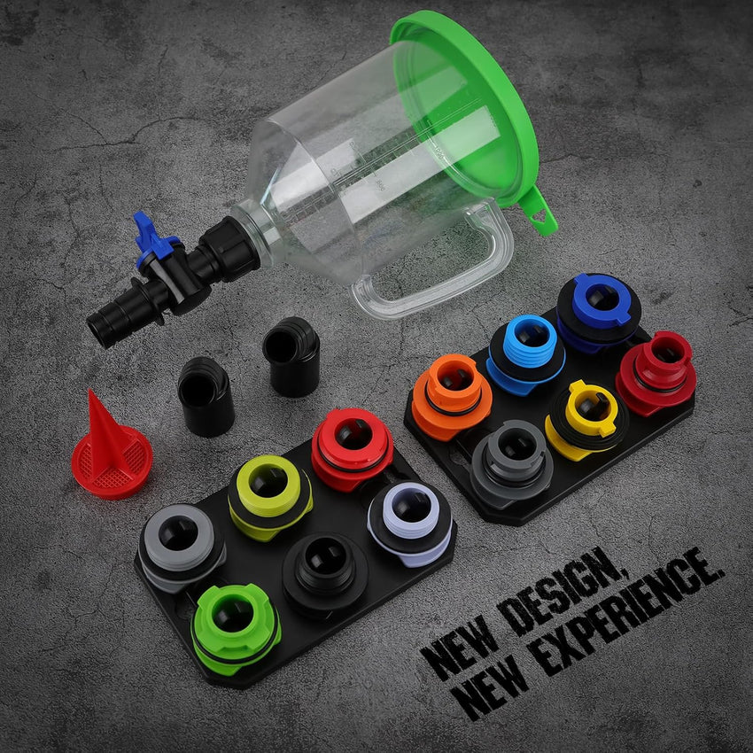 18-Piece Engine Oil Funnel Set, 1.59QT/1.5L Automotive Oil Funnel Kit with 12 Adapters, Elbow Fitting, Arrow Screen and Magnetic Storage Hooks Tray, Compatible with GM, Ford, BMW, Audi, Land Rover Etc