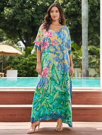 Women's Plus Size Loose Fit Moroccan Print V-Neck Batwing Kaftan Beach Dress Bathing Suit Cover Up