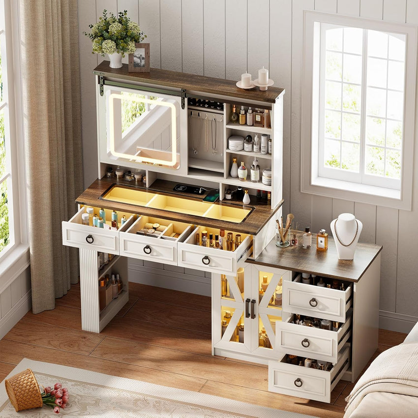 Makeup Vanity Desk with Mirror and Lights,Small Vanity Desk Set with Charging Station & Glass Top,Compact Dressing Table with Jewelry Cabinet & Storage Wheel Stool for Bedroom, Rustic Brown