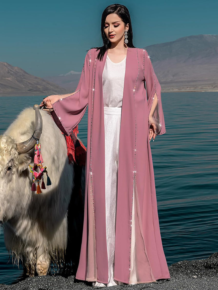 Elegant Beaded Abaya Robe, Open Front Long Sleeve Maxi Outerwear, Modest Cover-Up with Crystal Trim, NO INNER, Pink