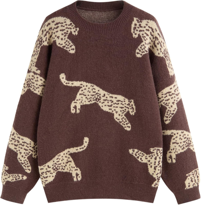 CIDER Womens Leopard Crew Neck Long Sleeve Boho Knit Sweater Casual Pullover Fall Sweater