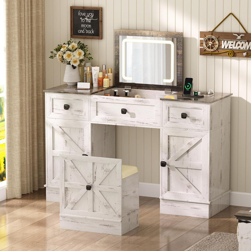 Gurexl 3 in 1 Small Vanity Desk with Lights and Mirror,Tall Lighted Compact Vanity with Charging Station,Makeup Vanity Set with Jewelry Armoire,Glass Top,Wheeled Stool with Storage,3 Drawers
