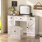Gurexl 3 in 1 Small Vanity Desk with Lights and Mirror,Tall Lighted Compact Vanity with Charging Station,Makeup Vanity Set with Jewelry Armoire,Glass Top,Wheeled Stool with Storage,3 Drawers