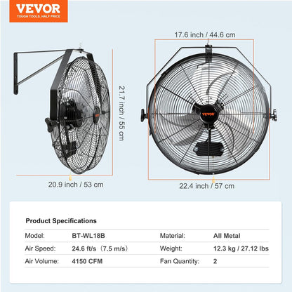 VEVOR 18 inch Wall Mount Fan Waterproof 2 Packs, 3 speed High Velocity 4000 CFM Industrial Wall Fan for Indoor, Commercial, Residential, Warehouse, Greenhouse, Workshop, Basement, Garage,Black