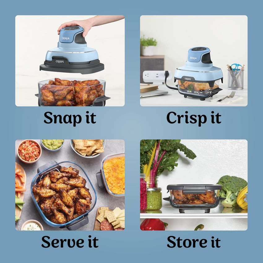 Ninja Crispi 4-in-1 Portable Glass Air Fryer Cooking System, 4QT & 6Cup Glass Containers with Storage Lids, Easy Meals, Microwave, Freezer & Dishwasher Safe, Air Fry, Bake, & More, Periwinkle, FN101PL