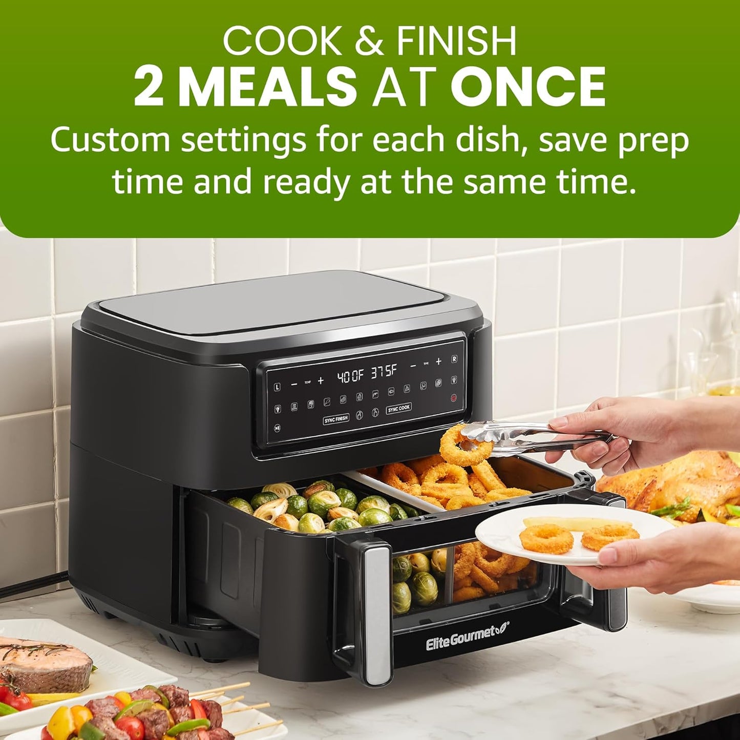 Elite Gourmet EAF1055D Dual Zone Air Fryer Oven, 11QT. Capacity with Divider, Sync Finish, Dishwasher Safe Basket, 10 Preset Functions, 1600-Watts, with Recipe Booklet, Black