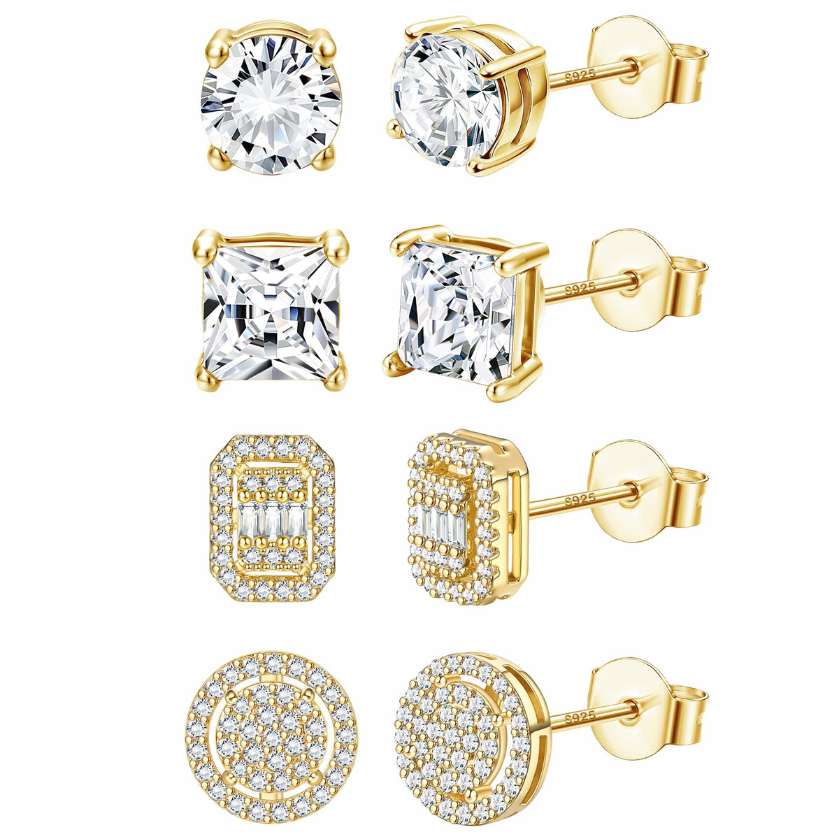 ZELORES 4 Pairs Sterling Silver 5A CZ Stud Earrings for Women 14K Gold Plated Brilliant Celtic Heart Big Stud Earrings Set Cubic Zirconia Earrings Studs for Sensitive Ear