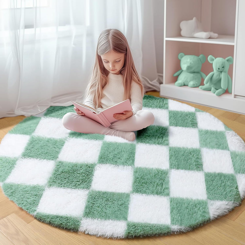 KICMOR Navy Blue and Cream White Rugs for Living Room, 4x6 Fluffy Fuzzy Shag Checkered Rug Shaggy Carpet for Bedroom, Soft Plush Area Rug for Nursery Toddler Room Classroom Study Room Kids Room