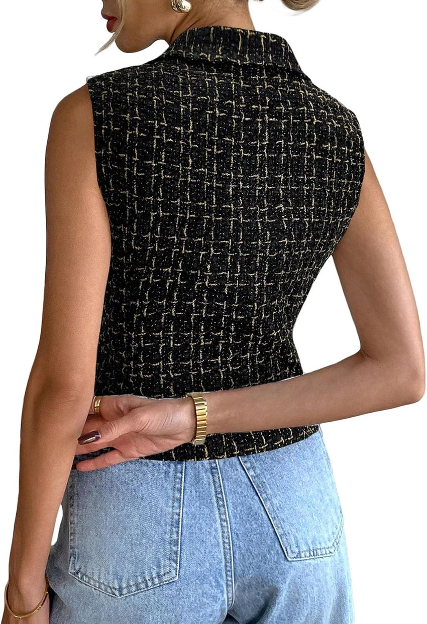 Mina Self 2025 Womens Summer Tweed Plaid Vest Tops Sleeveless Lightweight Crop Double Breasted Work Jacket