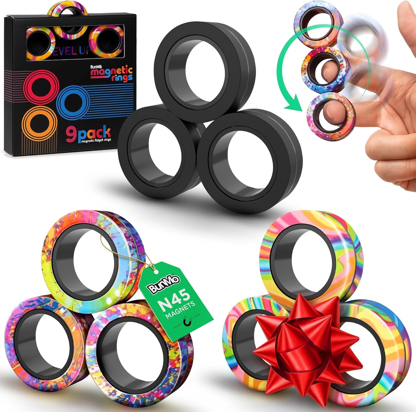 BUNMO Magnetic Rings Stocking Stuffers for Teens - Fidget Toys Adults - Stocking Stuffers for Boys - Magnetic Fidget Rings - Improved Stronger Magnets - Great Teen Gift - Multicolor