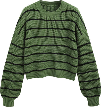 CIDER Women’s Cropped Striped Sweater Long Sleeve Crew Neck Trendy Pullover Tops