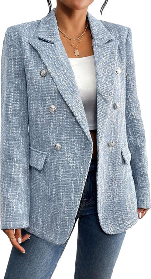 Mina Self 2025 Fall Women's Tweed Blazer - Double-Breasted Fully-Lined Fashion Slim Casual Work Office Jacket with Pockets