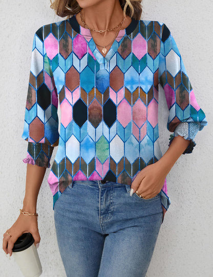 LOMON Blouses for Women Dressy Casual 3/4 Sleeve Tops for Women V Neck T Shirt Ladies Tops and Blouses Orange Blue Print L