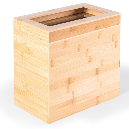 Bamboo Wooden Trash bin with Bin Liner Built-in Frame and Premium Lid - Rectangular Waste Basket with Bin Liners for Bathroom, Bedroom, Living Room, Kitchen, Office, Vanity, Salon or Spa