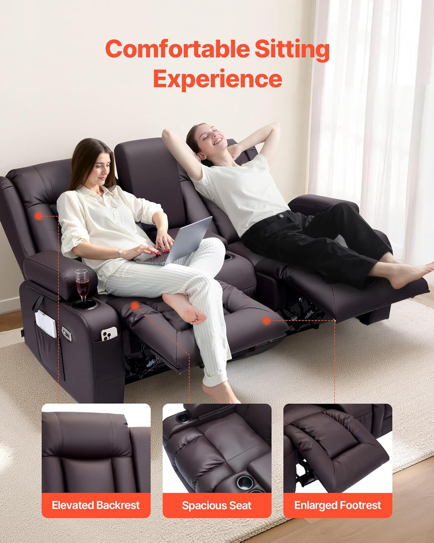 VEVOR Loveseat Recliner Sofa with Massage & Heat, Power Reclining Couch with Console, PU Leather Electric RV Sofa with USB & Outlet/Storage/Cup Holders/Pockets, Home Theater Seating for Living Room