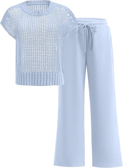ANRABESS Women Two Piece Outfits Crochet Sheer Knit Sweater Top Wide Leg Pants Lounge Matching Sets Sweatsuit Travel Clothes