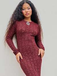 CIDER Burgundy Dress for Women Long Sweater Dresses Mesh Hollow Out Long Sleeve Crew Neck Maxi Winter Dress 2025