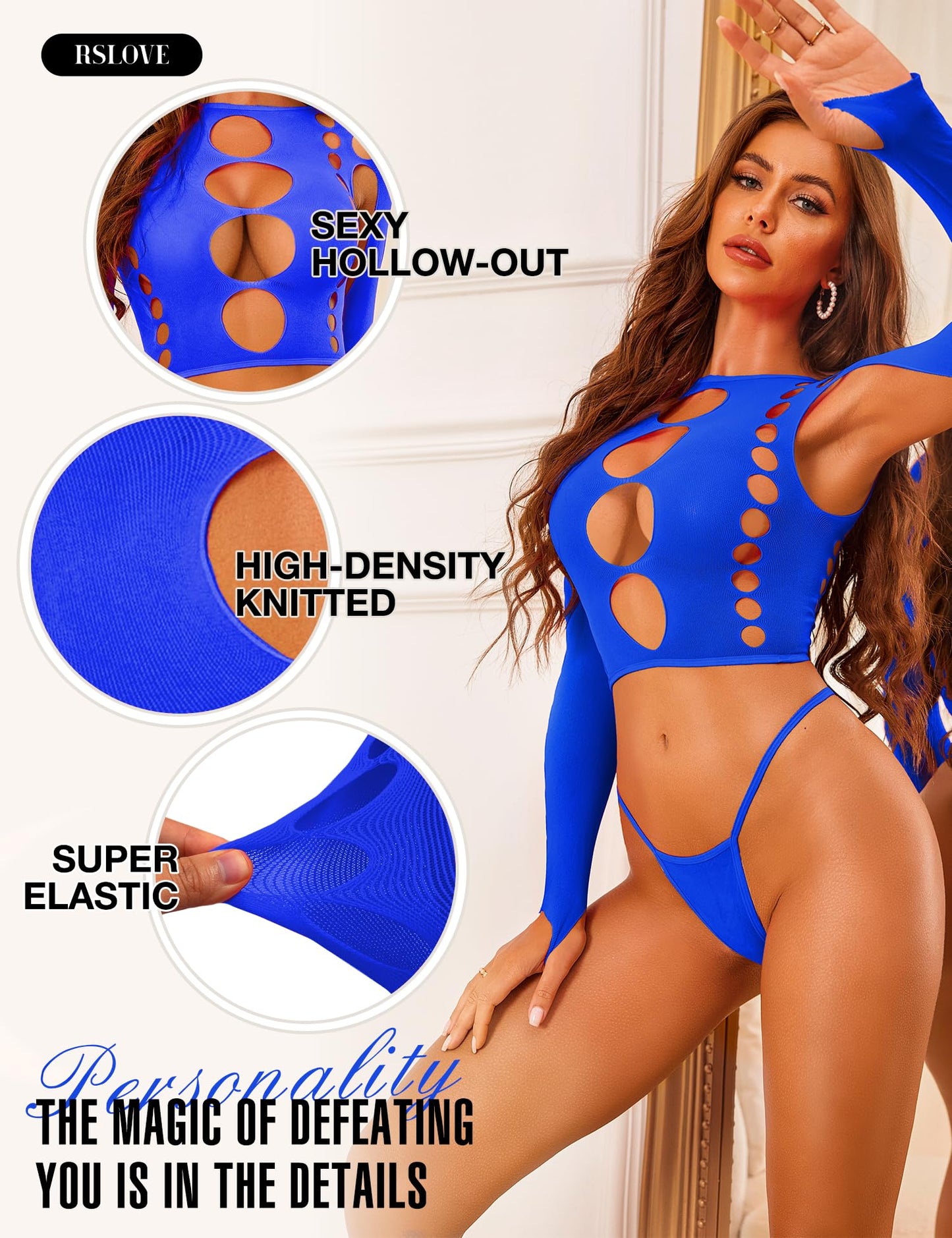 RSLOVE Women Sexy Lingerie Sets Bodysuit Cutout Top Long Sleeve Teddy Exotic Bodystocking Mesh Black