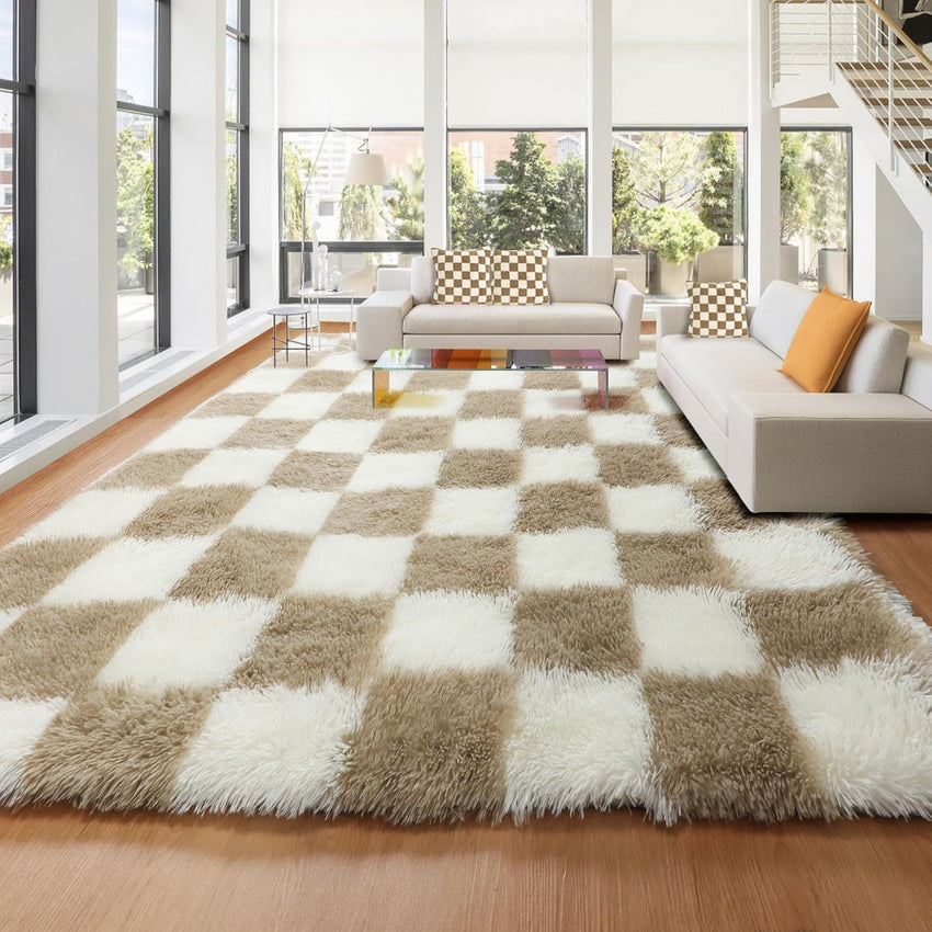 KICMOR Navy Blue and Cream White Rugs for Living Room, 4x6 Fluffy Fuzzy Shag Checkered Rug Shaggy Carpet for Bedroom, Soft Plush Area Rug for Nursery Toddler Room Classroom Study Room Kids Room