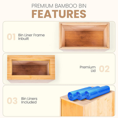 Bamboo Wooden Trash bin with Bin Liner Built-in Frame and Premium Lid - Rectangular Waste Basket with Bin Liners for Bathroom, Bedroom, Living Room, Kitchen, Office, Vanity, Salon or Spa