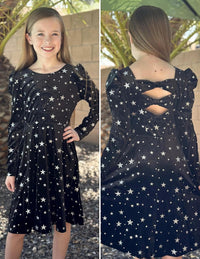 Arshiner Girls Long Sleeve Dress Velvet Crew Neck Bow Back Holiday Party Dresses with Pockets