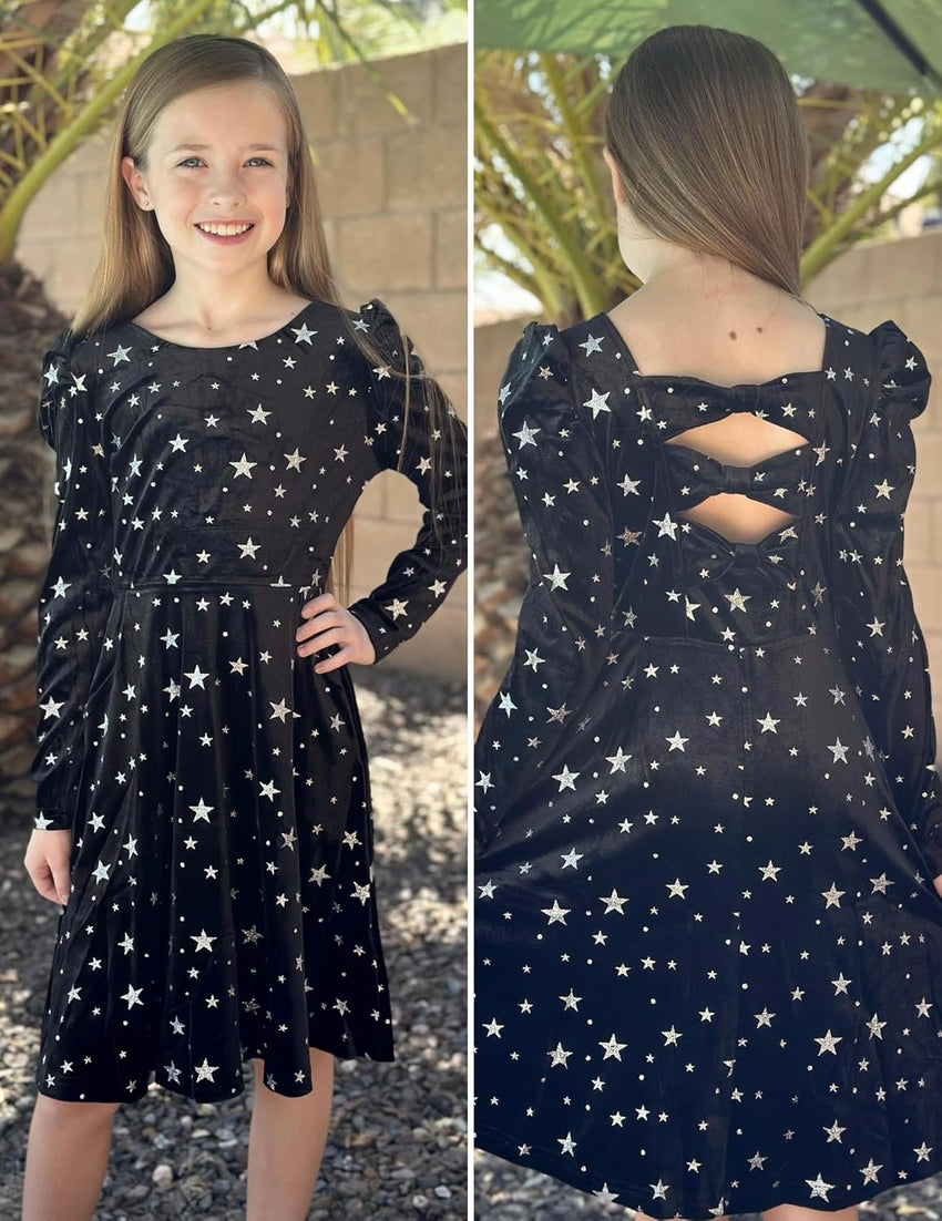 Arshiner Girls Long Sleeve Dress Velvet Crew Neck Bow Back Holiday Party Dresses with Pockets