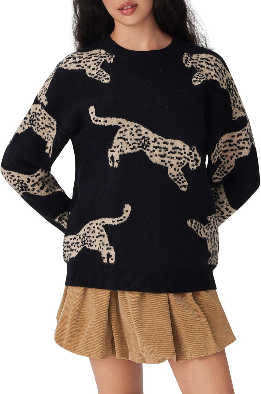 CIDER Womens Leopard Crew Neck Long Sleeve Boho Knit Sweater Casual Pullover Fall Sweater