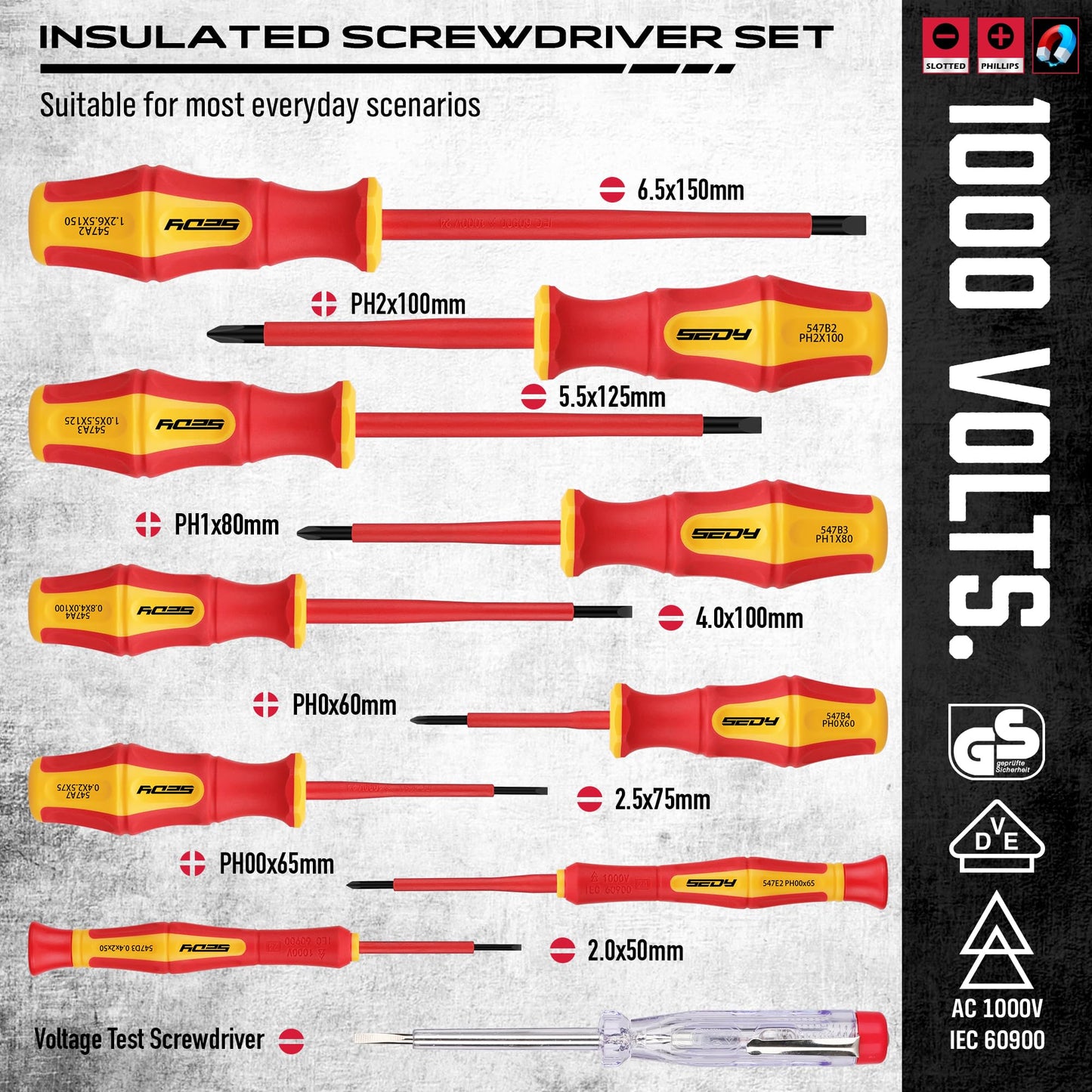 1000V Insulated Electrician Screwdriver Set - 13-Piece Professional Electrical Screwdriver Set Insulation Handle CRV Steel Magnetic Phillips Slotted Pozi Torx Tips VDE & GS Certified