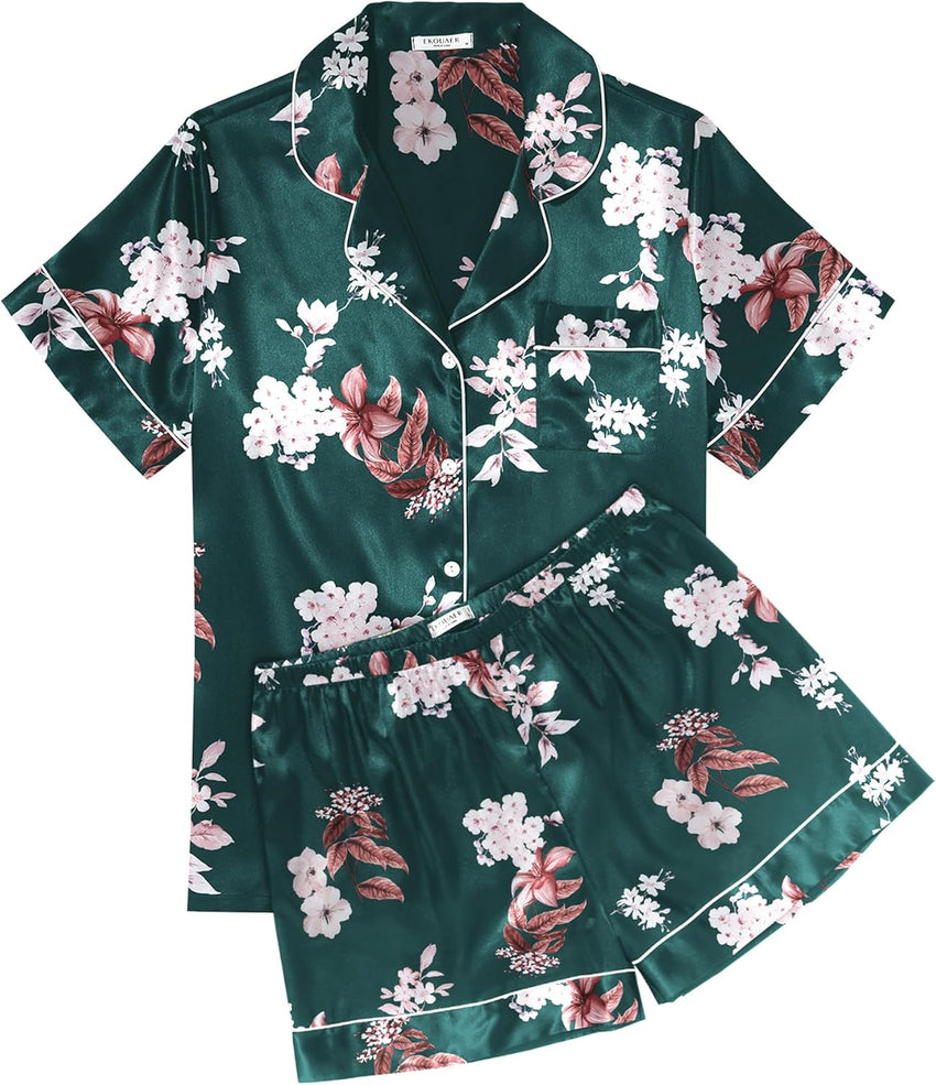 Ekouaer Womens Silk Satin Pajama Sets Soft Short Sleeve Button Down Sleepwear Top and Shorts 2 Piece Pjs Lounge Set