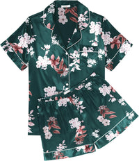 Ekouaer Womens Silk Satin Pajama Sets Soft Short Sleeve Button Down Sleepwear Top and Shorts 2 Piece Pjs Lounge Set