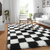 KICMOR Navy Blue and Cream White Rugs for Living Room, 4x6 Fluffy Fuzzy Shag Checkered Rug Shaggy Carpet for Bedroom, Soft Plush Area Rug for Nursery Toddler Room Classroom Study Room Kids Room