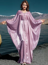 Elegant Butterfly Shine Abaya Dress, Dusty Rose, V-Neck Muslim Dress with Crystal Hand Beading, Kaftan Style, One-Size