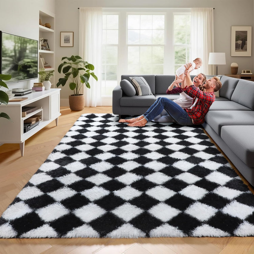 KICMOR Navy Blue and Cream White Rugs for Living Room, 4x6 Fluffy Fuzzy Shag Checkered Rug Shaggy Carpet for Bedroom, Soft Plush Area Rug for Nursery Toddler Room Classroom Study Room Kids Room