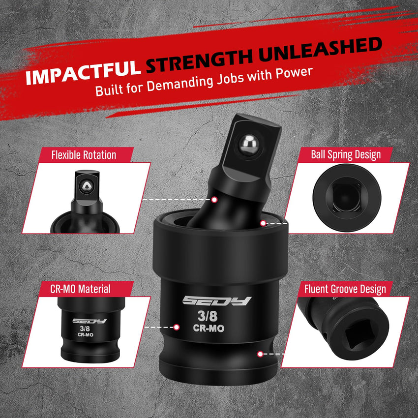 Impact Universal Joint-Socket Swivel Set: 3-Piece 1/2", 3/8", 1/4" Flexible Socket Swivel Set Premium CR-MO Steel U Joint Adapter Wobble