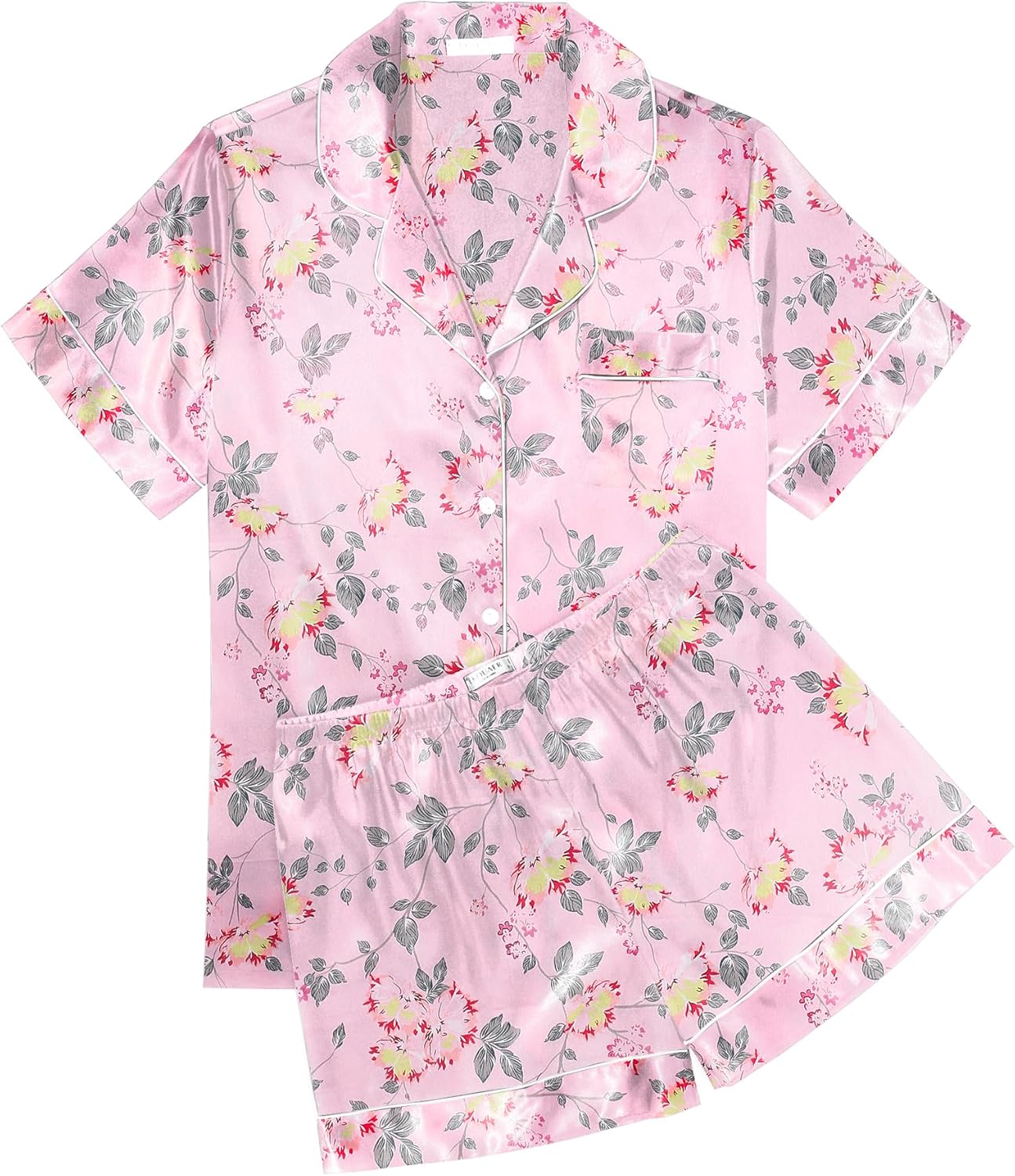 Ekouaer Womens Silk Satin Pajama Sets Soft Short Sleeve Button Down Sleepwear Top and Shorts 2 Piece Pjs Lounge Set