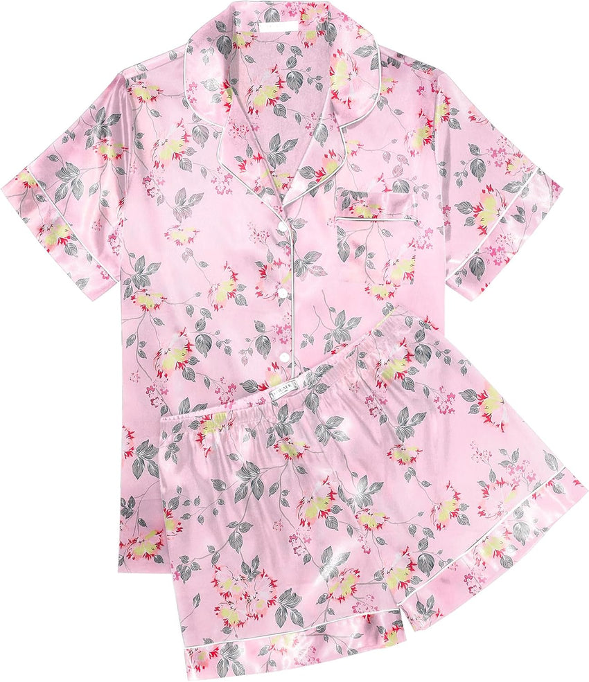 Ekouaer Womens Silk Satin Pajama Sets Soft Short Sleeve Button Down Sleepwear Top and Shorts 2 Piece Pjs Lounge Set