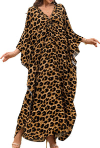 Women Kaftan Dresses Plus Size V-Neck Batwing Sleeves Beach Cover Up 2025 Summer Floral Print Caftan Dress