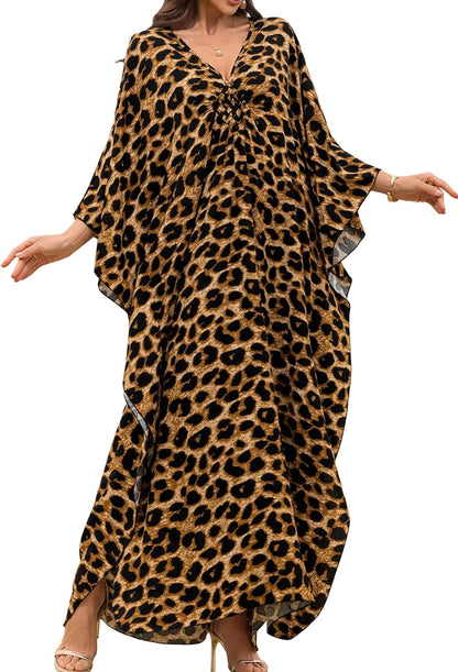 Women Kaftan Dresses Plus Size V-Neck Batwing Sleeves Beach Cover Up 2025 Summer Floral Print Caftan Dress