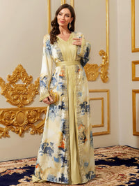 Abaya for Women Floral Embroidered Muslim Dress V-Neck Arabian Maxi Robe