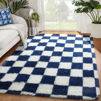 KICMOR Navy Blue and Cream White Rugs for Living Room, 4x6 Fluffy Fuzzy Shag Checkered Rug Shaggy Carpet for Bedroom, Soft Plush Area Rug for Nursery Toddler Room Classroom Study Room Kids Room