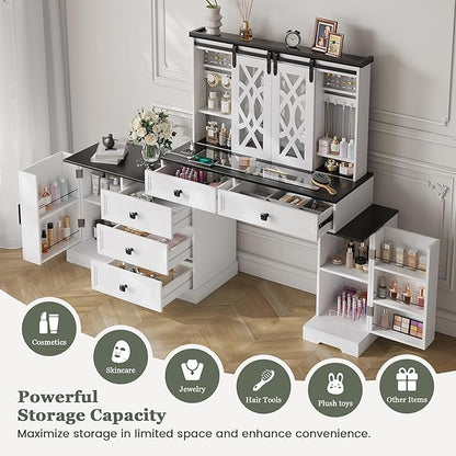 Compact Vanity with Hidden Chair | Mini Dorm Organizers and Storage Dressing Table Desk Gift for Girls Lady with 2 Large Drawers Shelves Mirror Lights for Small Bedroom (White)