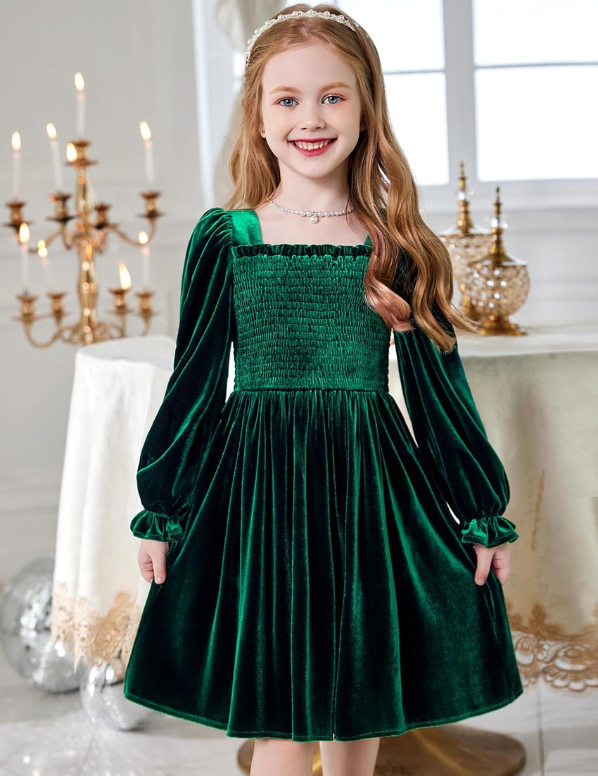 Arshiner Toddler Velvet Dress Girls Smocked Square Neck Puff Long Sleeve Party Dresses with Pockets 3-8Y