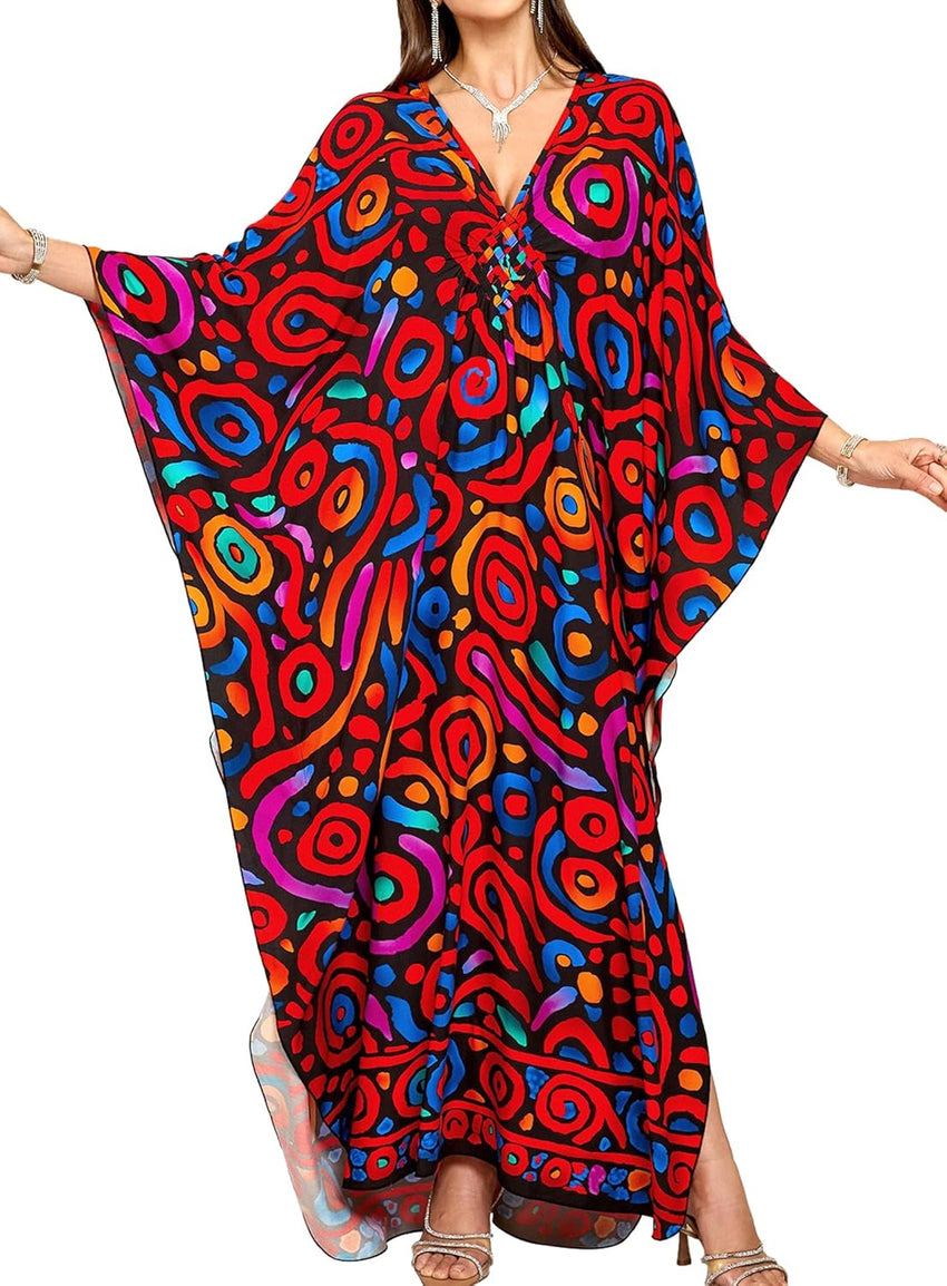 Women Kaftan Dresses Plus Size V-Neck Batwing Sleeves Beach Cover Up 2025 Summer Floral Print Caftan Dress