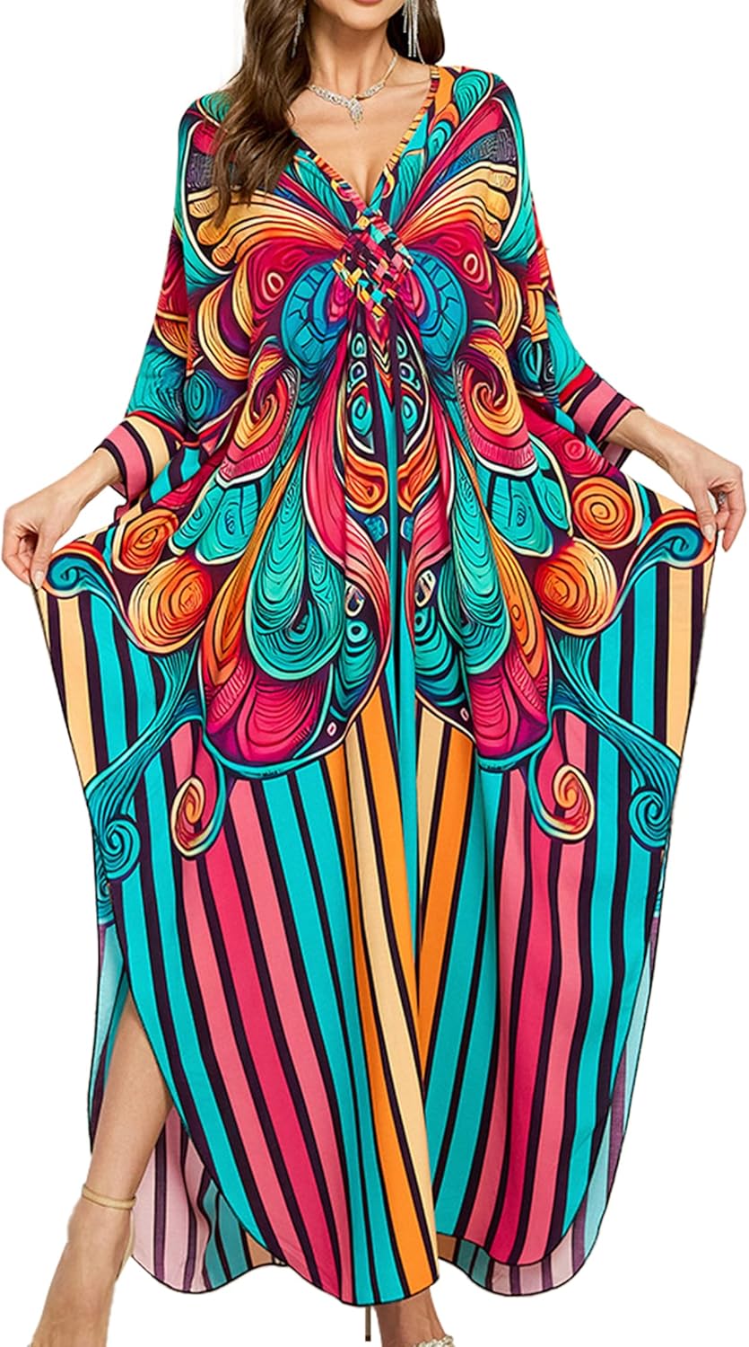 Women Kaftan Dresses Plus Size V-Neck Batwing Sleeves Beach Cover Up 2025 Summer Floral Print Caftan Dress