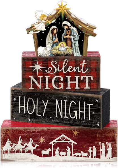 4 Pcs Christmas Table Decor Wooden Hot Cocoa Decoration Christmas Centerpiece Winter Tiered Tray Decor Decorative Red Hot Cocoa Block Signs Gift Farmhouse Xmas Decoration for Home Kitchen