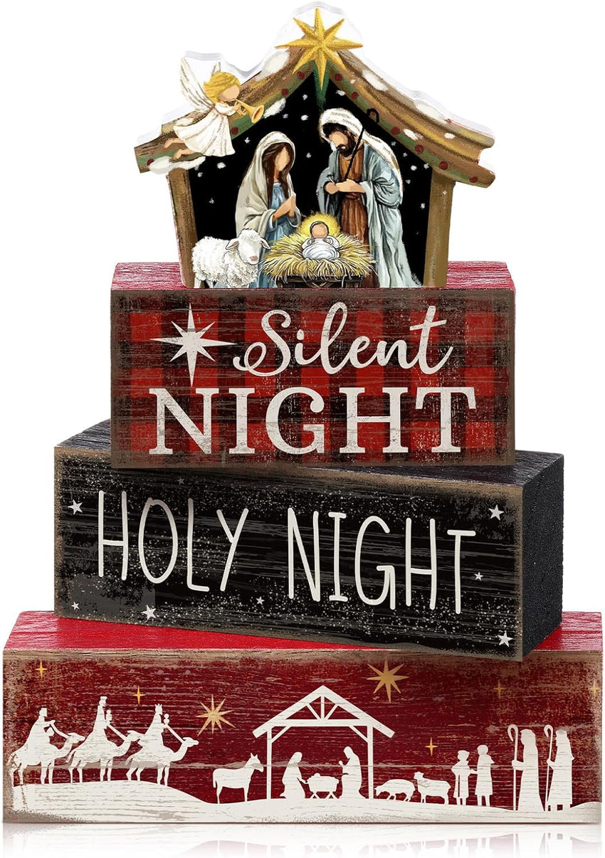 4 Pcs Christmas Table Decor Wooden Hot Cocoa Decoration Christmas Centerpiece Winter Tiered Tray Decor Decorative Red Hot Cocoa Block Signs Gift Farmhouse Xmas Decoration for Home Kitchen