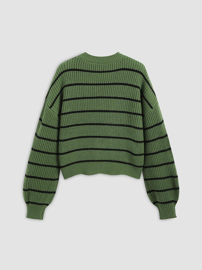 CIDER Women’s Cropped Striped Sweater Long Sleeve Crew Neck Trendy Pullover Tops